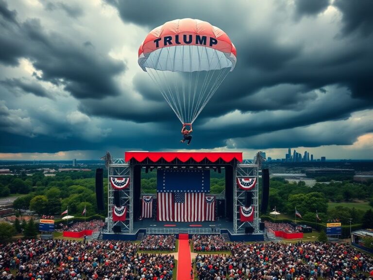 Flick International A majestic aerial view of a New Jersey landscape showcasing a large, empty rally stage with patriotic banners and a translucent parachute, symbolizing Trump's campaign impact.