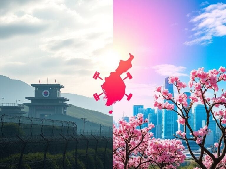 Flick International Split landscape showing the stark contrast between North and South Korea with the DMZ on the left and vibrant South Korea on the right.