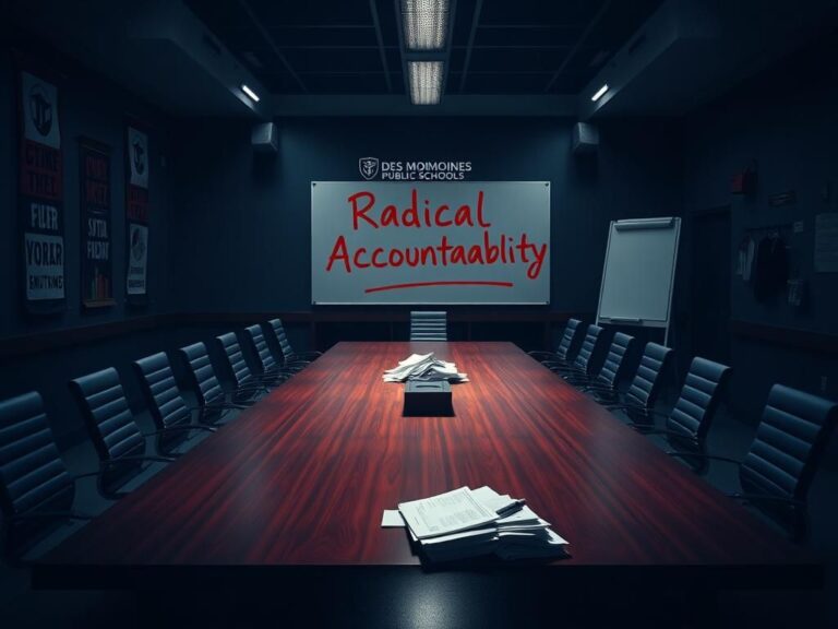 Flick International Empty modern school board meeting room highlighting accountability issues in Des Moines