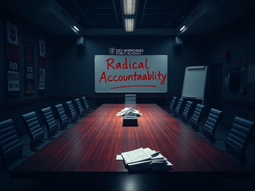 Flick International Empty modern school board meeting room highlighting accountability issues in Des Moines