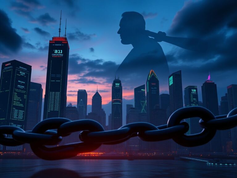 Flick International Futuristic city skyline at dusk with AI-themed skyscrapers and a broken chain link symbolizing technology's conflict with personal rights