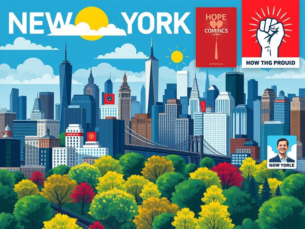 Flick International A vibrant depiction of New York City's skyline with political campaign elements