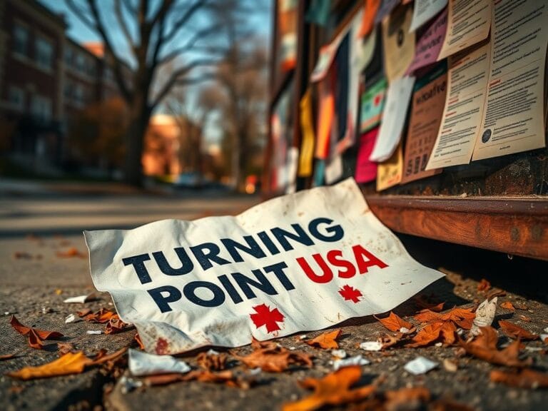 Flick International Close-up of a torn Turning Point USA flyer on a university campus