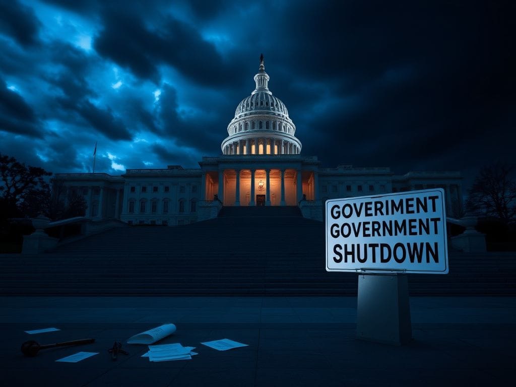 Flick International Dramatic exterior view of the U.S. Capitol building at dusk with storm clouds, symbolizing government turmoil.