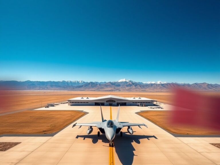 Flick International Aerial view of Mountain Home Air Base featuring a modern Qatari training facility with fighter jets