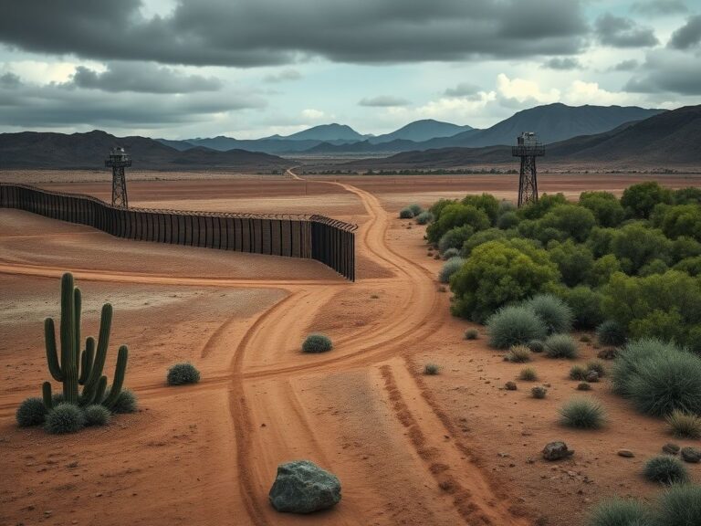 Flick International A stark border fence with watchtowers against an overcast sky, symbolizing the divide in border security.