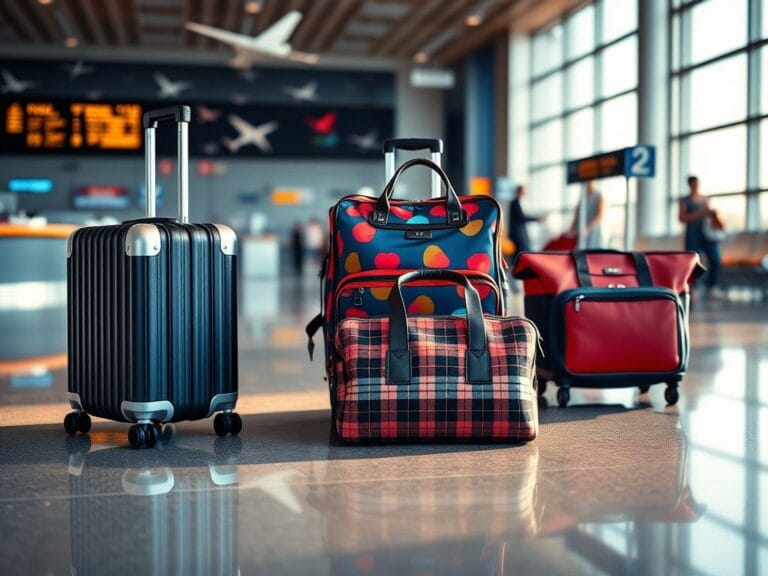 Flick International A vibrant display of stylish luggage including a sleek black suitcase, colorful softshell carry-on, and chic underseat bag at an airport terminal.