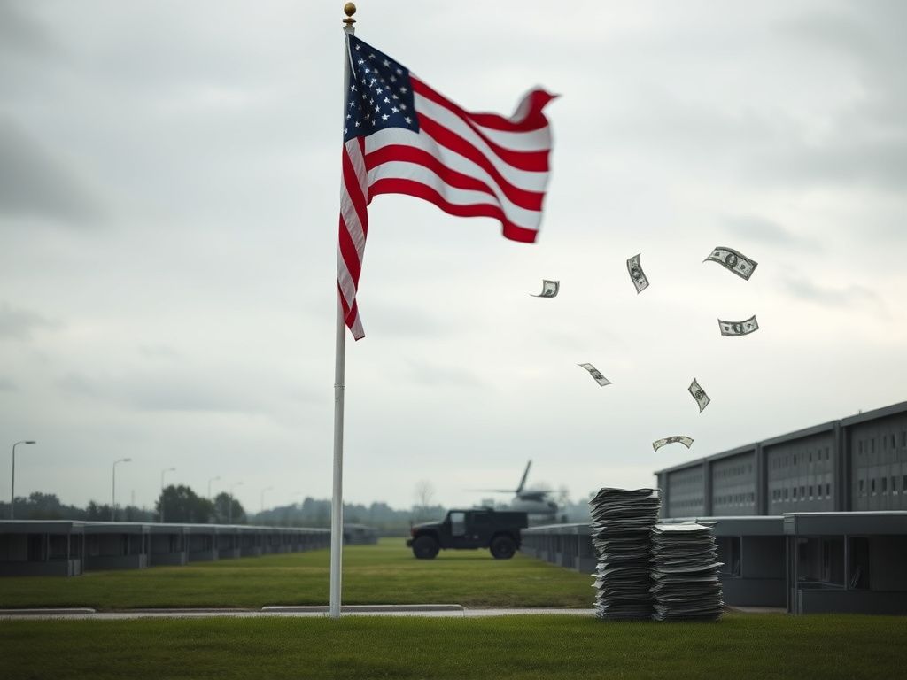 Flick International A somber scene of an empty U.S. military base with unoccupied barracks and an American flag, reflecting the impact of government shutdown on troops