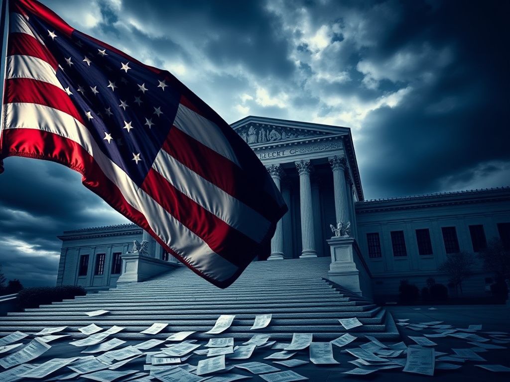 Flick International U.S. Supreme Court building under a cloudy sky with a large American flag in the foreground