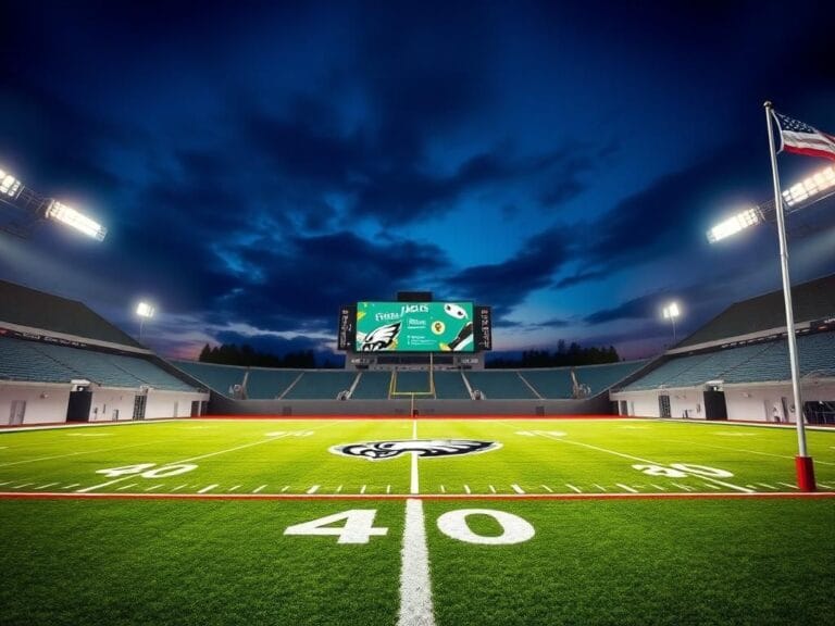 Flick International Dramatic football field under stadium lights showcasing the Philadelphia Eagles colors