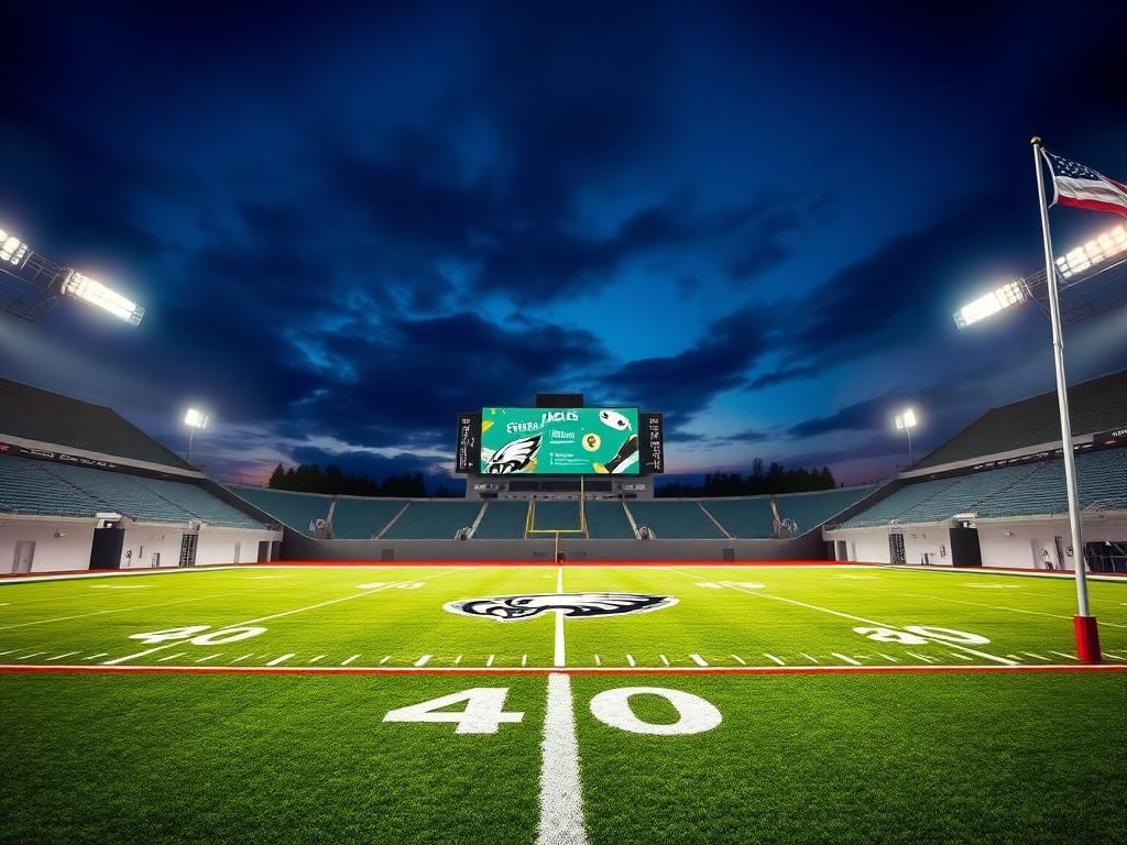 Flick International Dramatic football field under stadium lights showcasing the Philadelphia Eagles colors