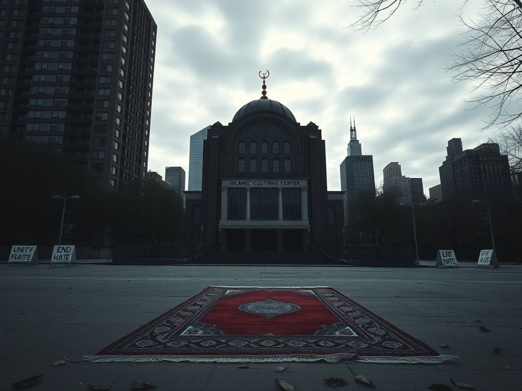 Flick International A solitary prayer rug in front of the Islamic Cultural Center amid New York City's skyline