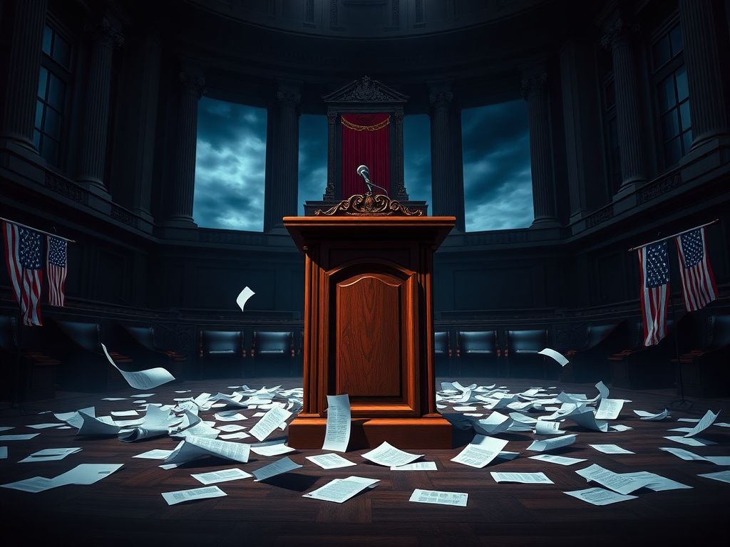 Flick International Dimly lit Virginia state legislature chamber with ornate wooden podium symbolizes heated political discourse