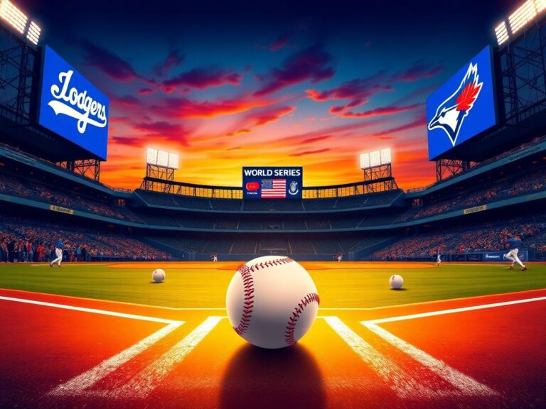 Flick International A vibrant baseball stadium at dusk featuring Dodgers and Blue Jays logos