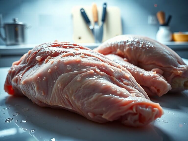 Flick International Close-up view of raw chicken and turkey meat on a clean kitchen countertop, illustrating potential contamination risks.