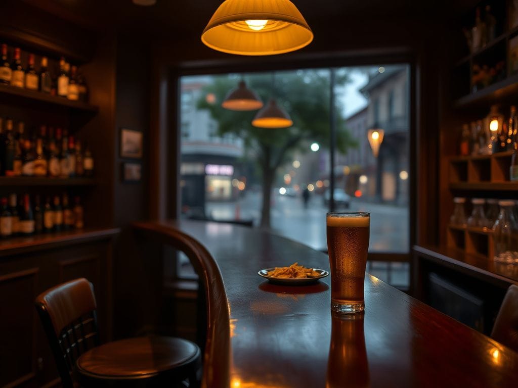 Flick International Cozy bar scene with an empty barstool and a frosty beer