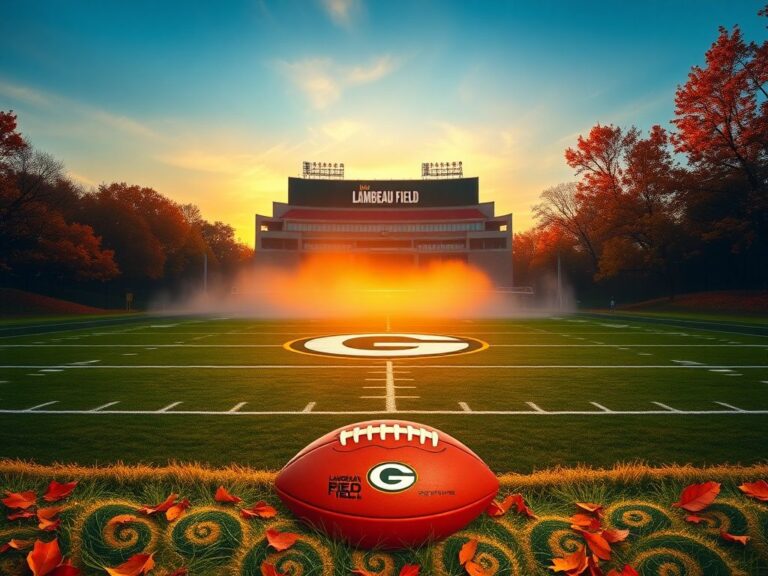 Flick International Serene autumn landscape of Lambeau Field with a football symbolizing Aaron Rodgers' legacy
