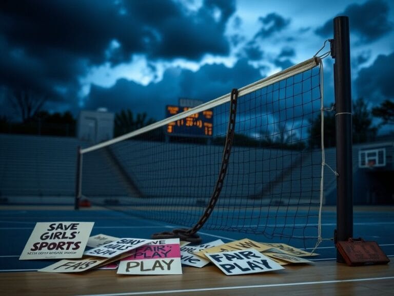 Flick International Dramatic high school volleyball court with overturned net and protest signs