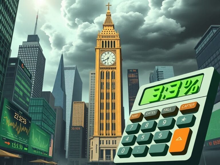 Flick International A bustling financial district featuring a symbolic clock tower with a giant calculator displaying 3%, representing recent U.S. inflation data amidst economic uncertainty.