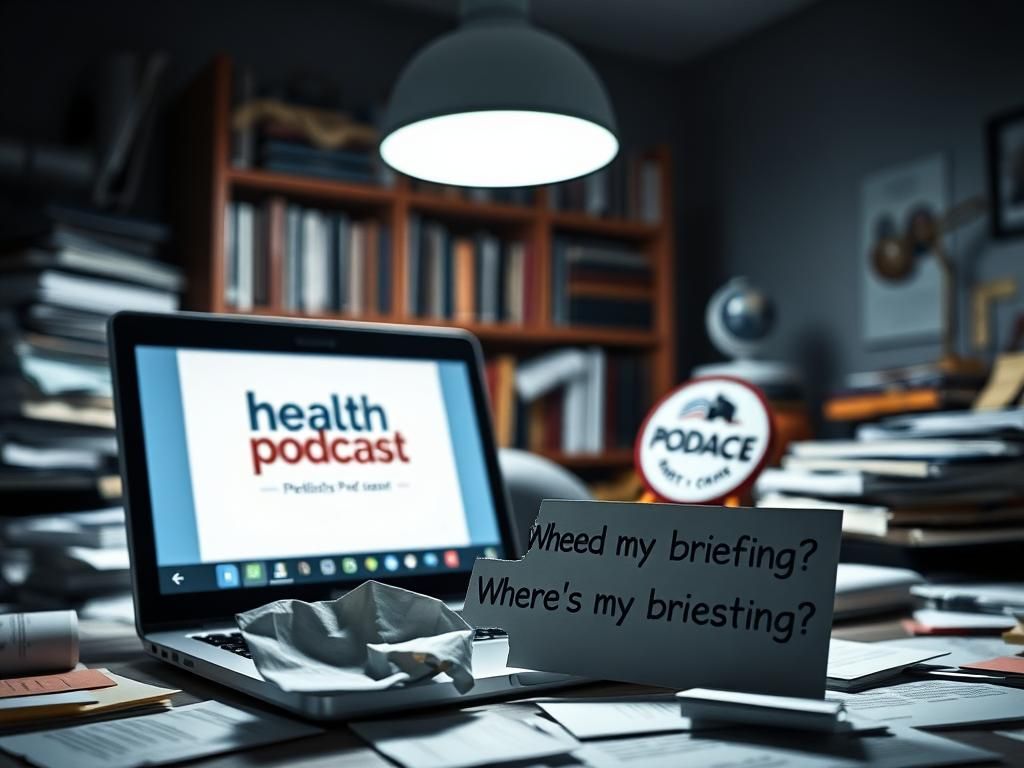 Flick International A chaotic office setting with a laptop showing a health podcast call, emphasizing preparation struggles.