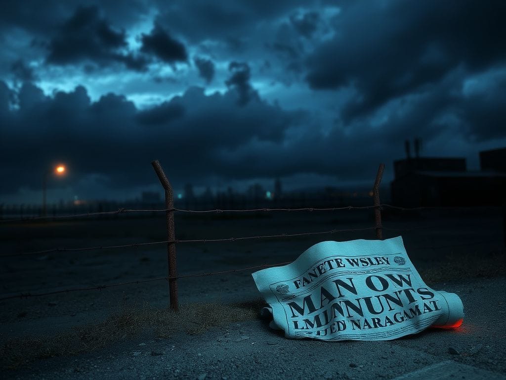 Flick International Dark urban prison yard at dusk with barbed-wire fence