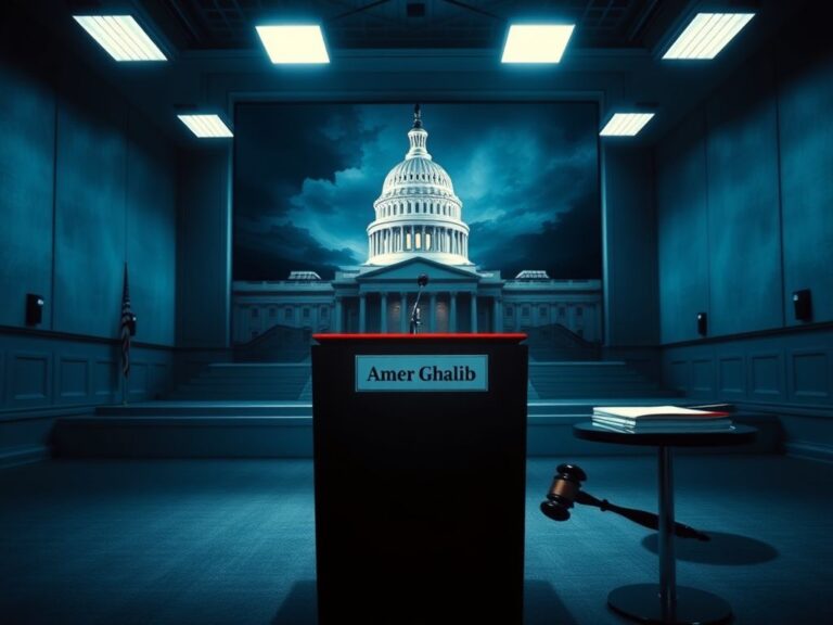 Flick International Empty podium for Amer Ghalib in a Senate hearing room