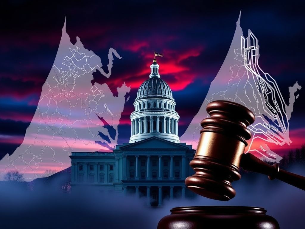 Flick International Dramatic depiction of the Virginia State Capitol surrounded by abstract redistricting maps