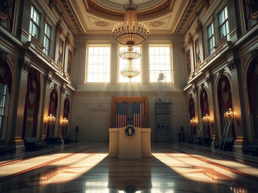 Flick International Opulent ballroom in the White House showcasing chandeliers and an empty podium