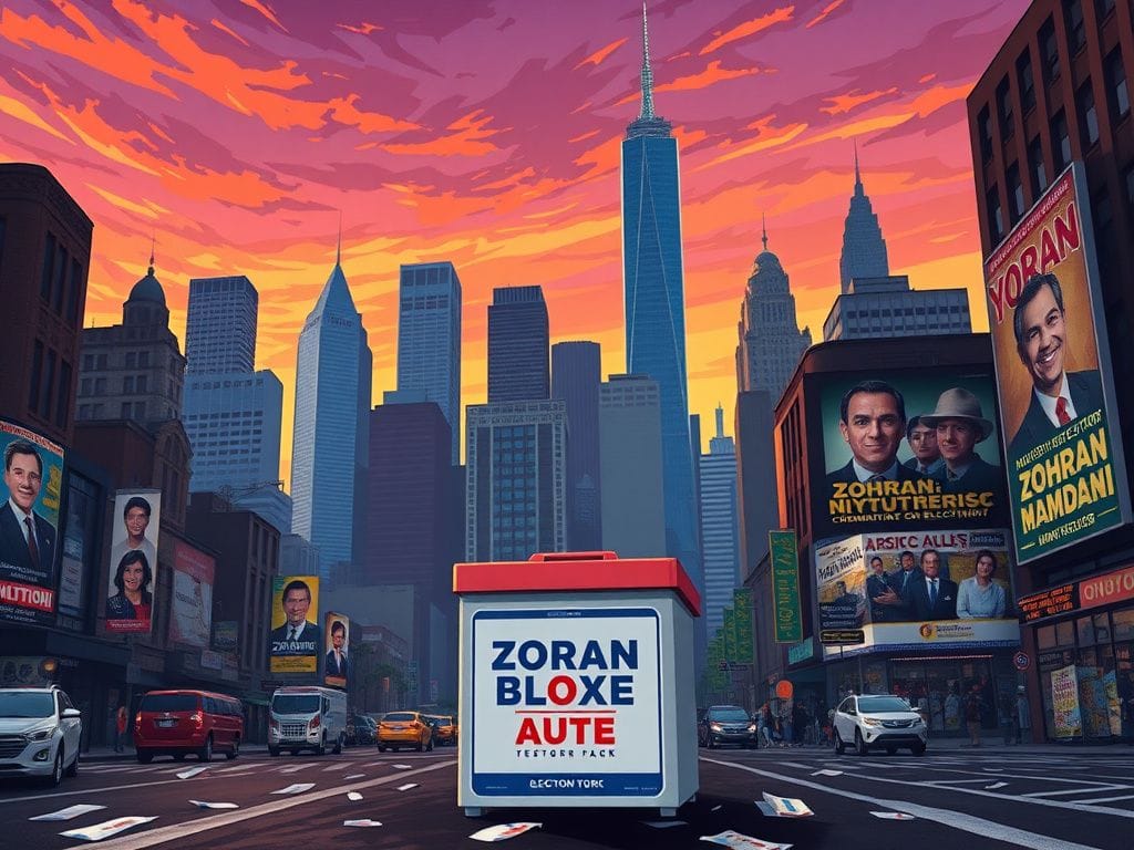 Flick International A vibrant urban skyline of New York City with an election ballot box and campaign posters for Zohran Mamdani