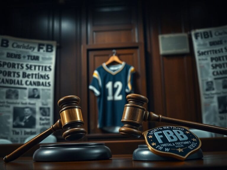 Flick International Dramatic courtroom scene with gavel and sports jersey hinting at sports betting investigation