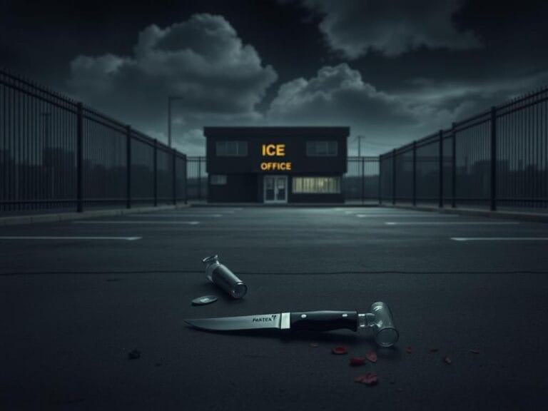 Flick International Shadowy ICE office in a dimly lit parking lot with a knife and crack pipe on the ground