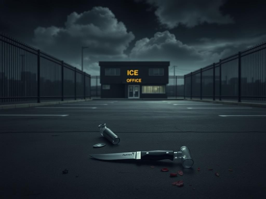 Flick International Shadowy ICE office in a dimly lit parking lot with a knife and crack pipe on the ground
