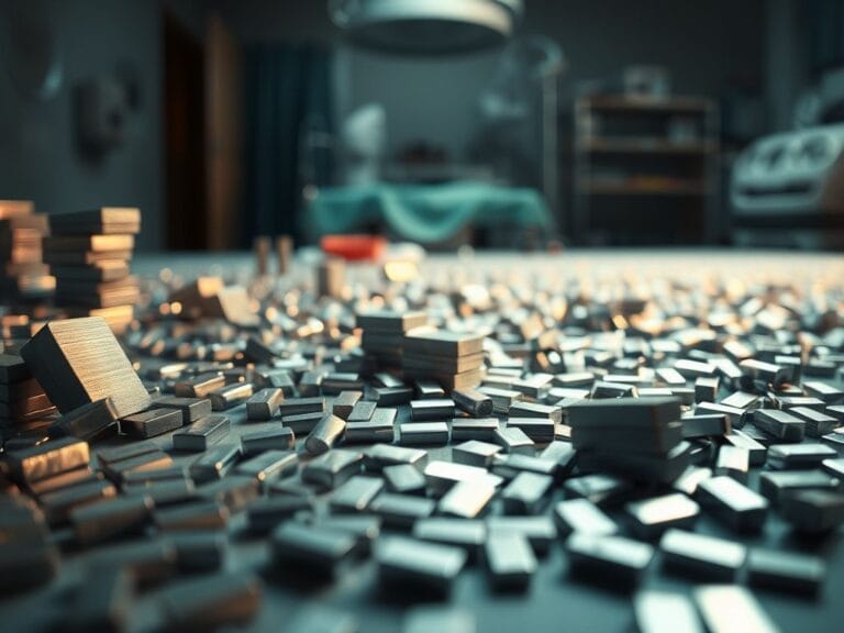 Flick International Close-up of small metallic high-power magnets scattered across a table with a blurred hospital room in the background