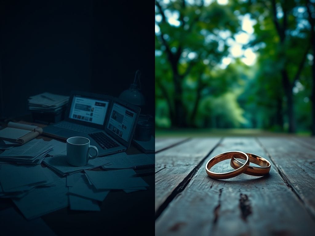 Flick International Split composition showing a chaotic indoor space and a serene outdoor setting representing the duality of relationships