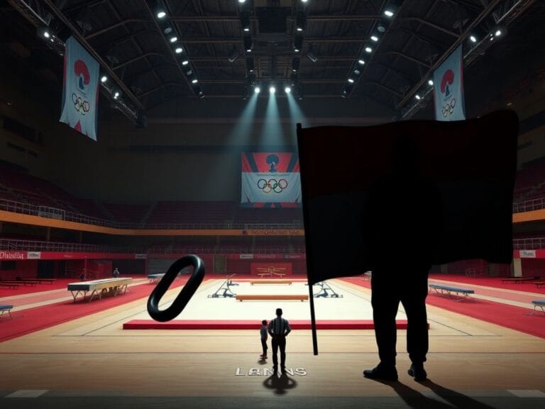 Flick International Empty gymnastics arena in Jakarta with gymnastic apparatuses and Indonesian flag