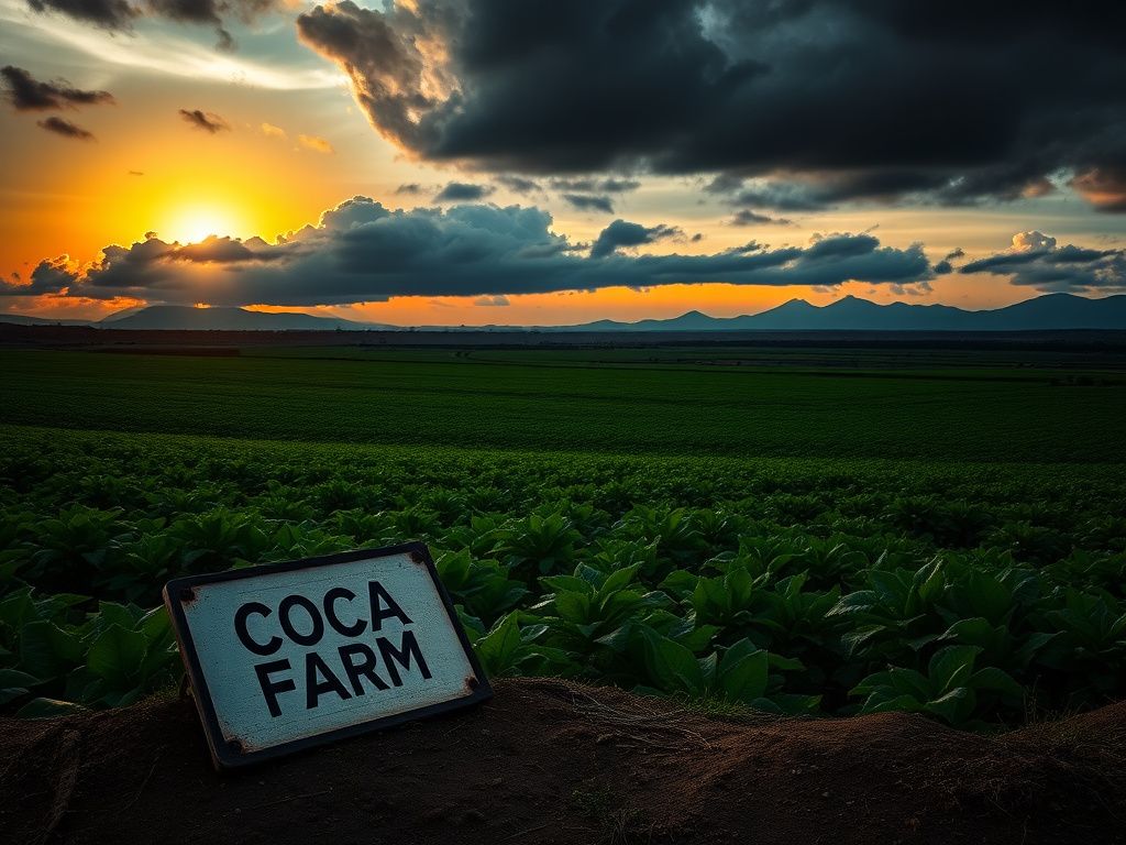 Flick International Lush Colombian coca fields at dusk with a weathered sign marked 'Coca Farm'