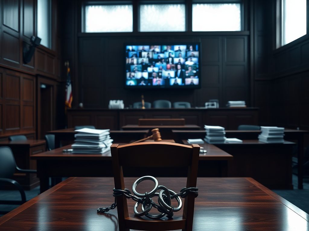 Flick International Dimly lit courtroom scene with an empty witness stand and a gavel on the judge's bench