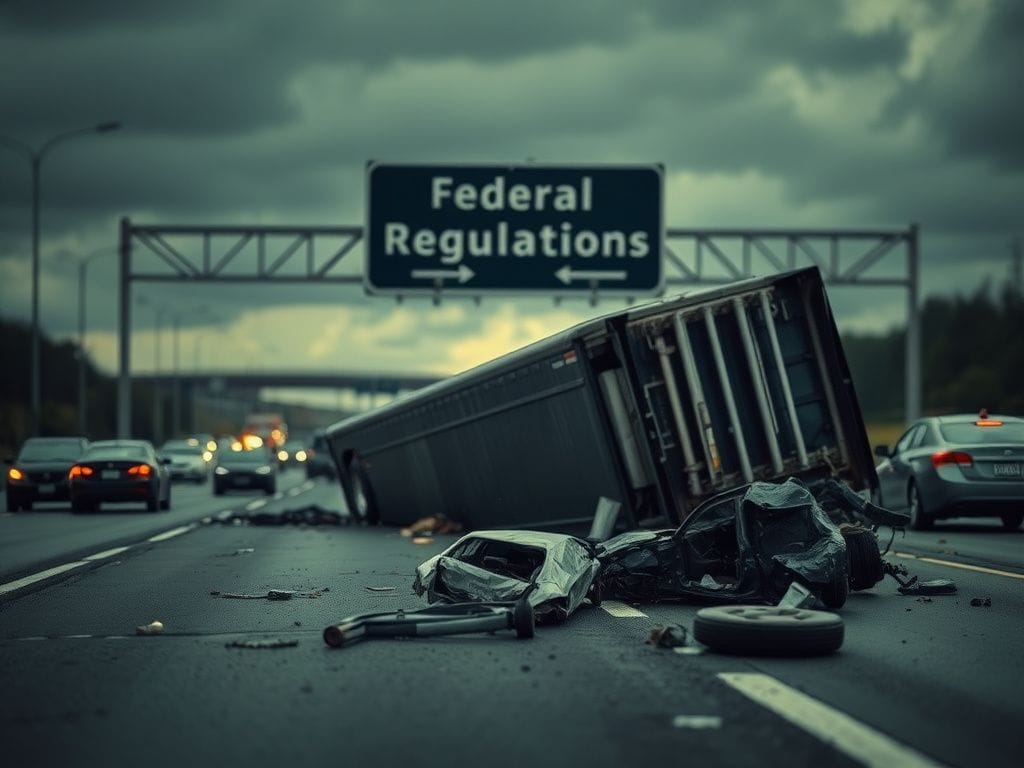 Flick International Semi-truck overturned on busy freeway with wreckage and highway sign in the background