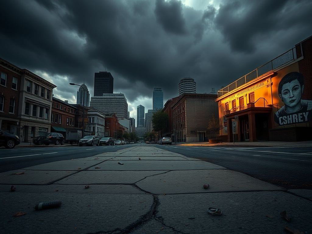 Flick International A dramatic urban street scene in Kensington, Philadelphia, illustrating the effects of drug trafficking.