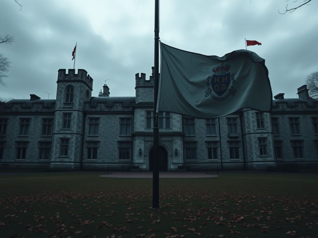 Flick International A somber scene of Windsor Castle with an empty flagpole and remnants of a royal banner