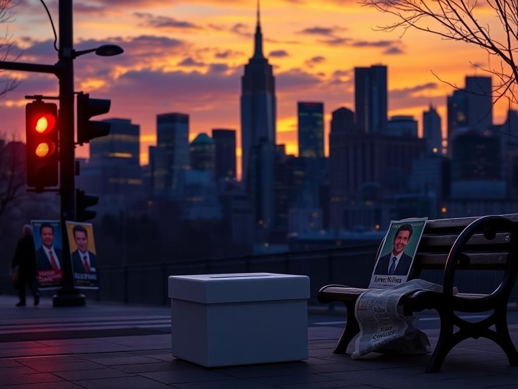 Flick International Dramatic city skyline of New York City at dusk with a ballot box and campaign posters for Cuomo and Sliwa