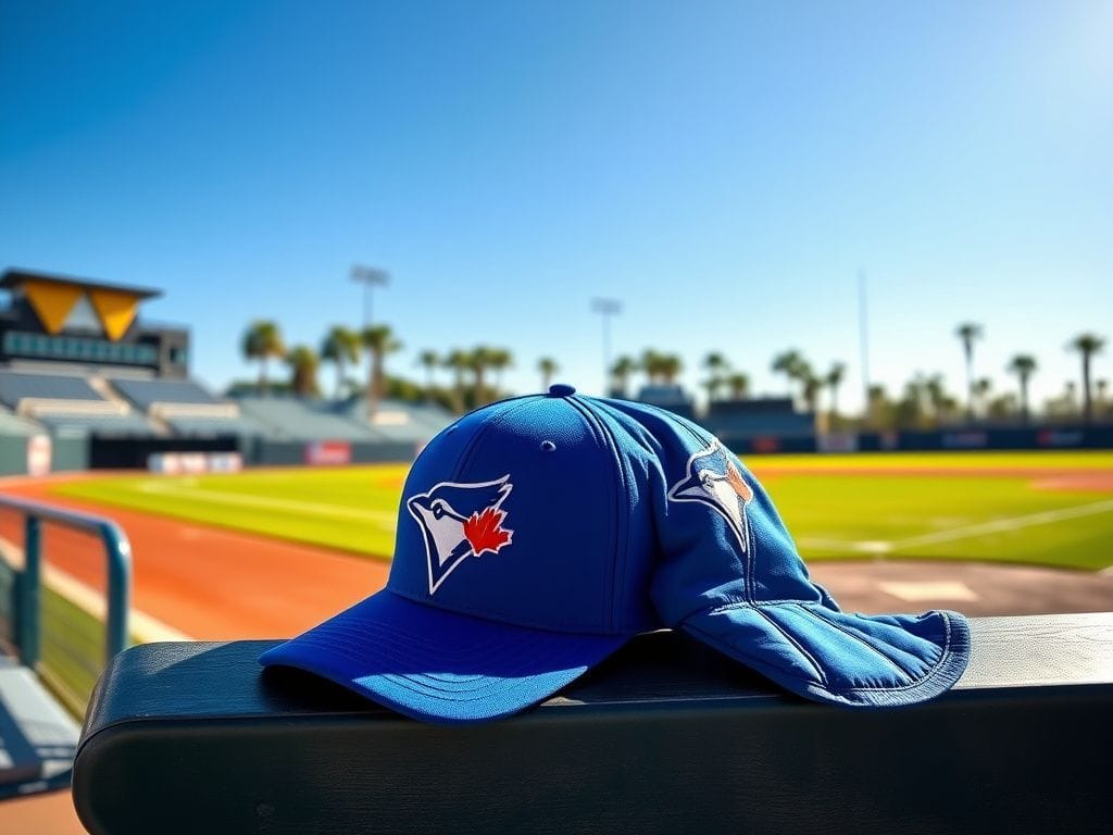 Flick International A vibrant baseball spring training scene in Dunedin, Florida, featuring a Toronto Blue Jays cap and a dog jacket on a bench.