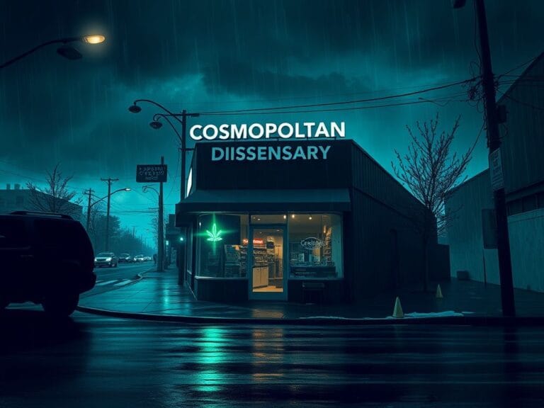 Flick International Dramatic scene of the Cosmopolitan Dispensary with dark storm clouds overhead