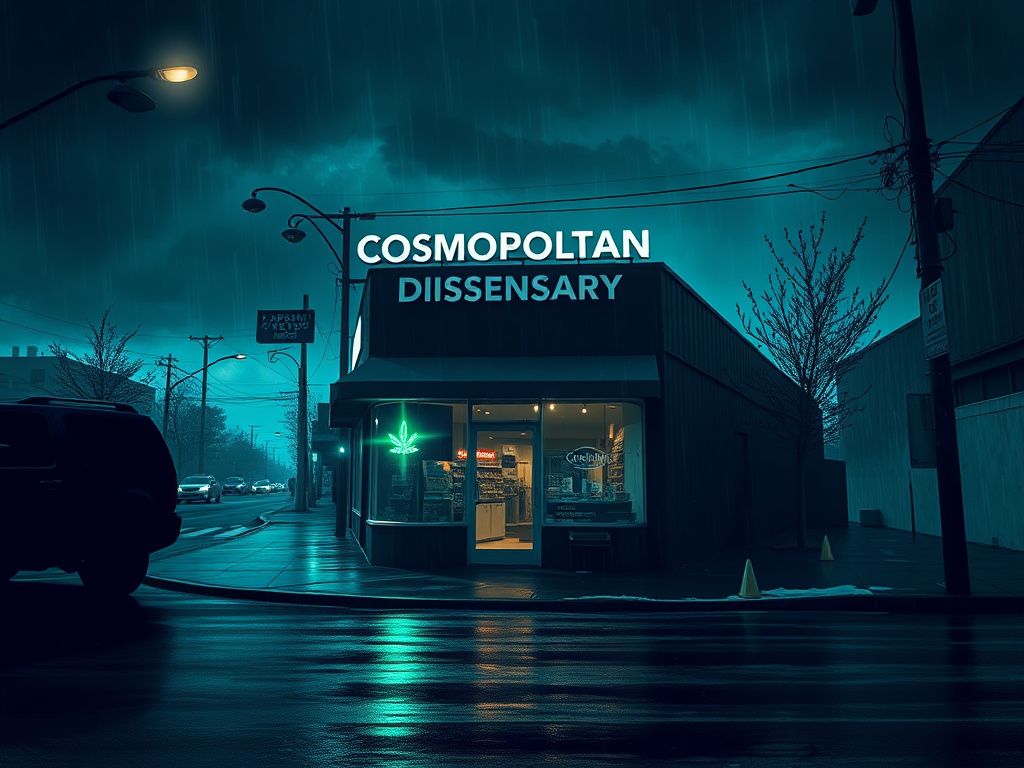 Flick International Dramatic scene of the Cosmopolitan Dispensary with dark storm clouds overhead