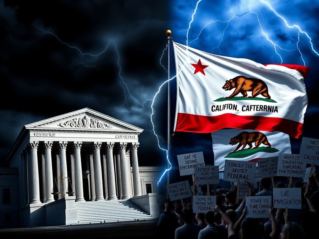 Flick International Dramatic clash between federal and state authority with courthouse and California state flag