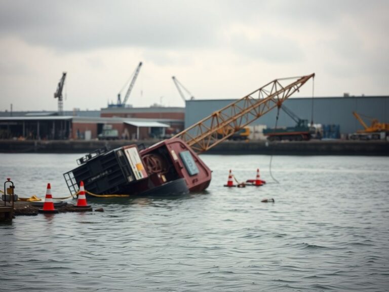 Flick International overturned crane partially submerged in water at a construction site in Everett, Massachusetts