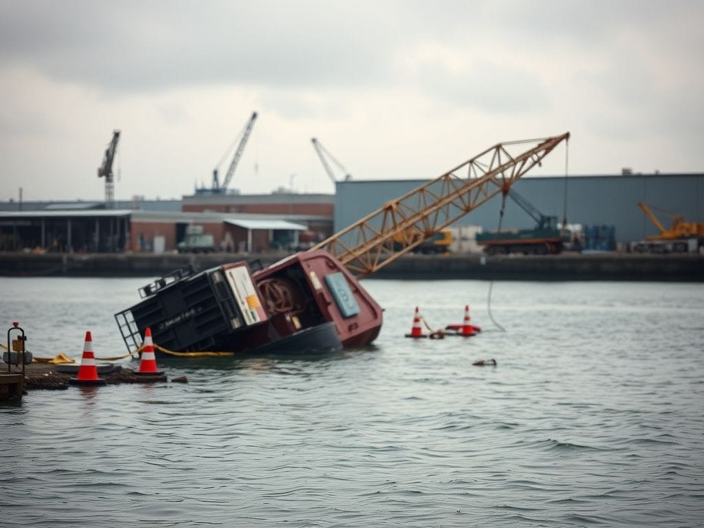 Flick International overturned crane partially submerged in water at a construction site in Everett, Massachusetts