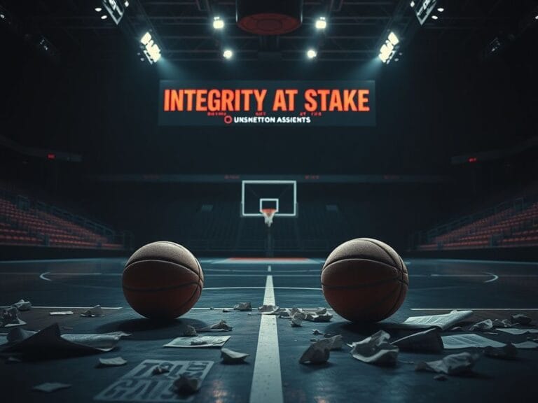 Flick International A deserted sports arena with abandoned basketballs under flickering lights