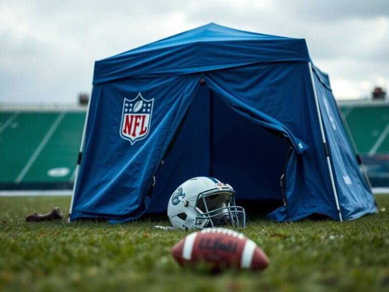 Flick International Close-up view of a blue NFL medical tent on the field with a discarded white helmet and football nearby, symbolizing player safety and concussion protocol adherence.