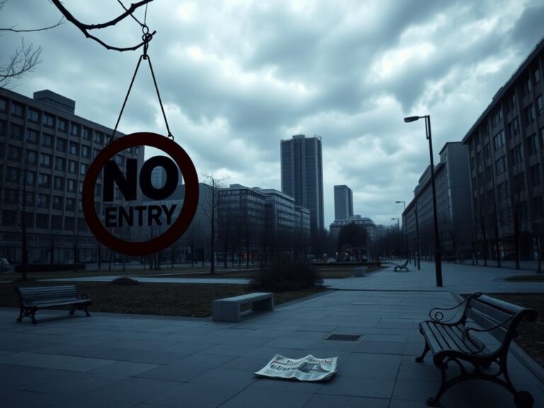 Flick International A shadowy silhouette of a large 'NO ENTRY' sign in an empty urban park, illustrating public fear and migration concerns.
